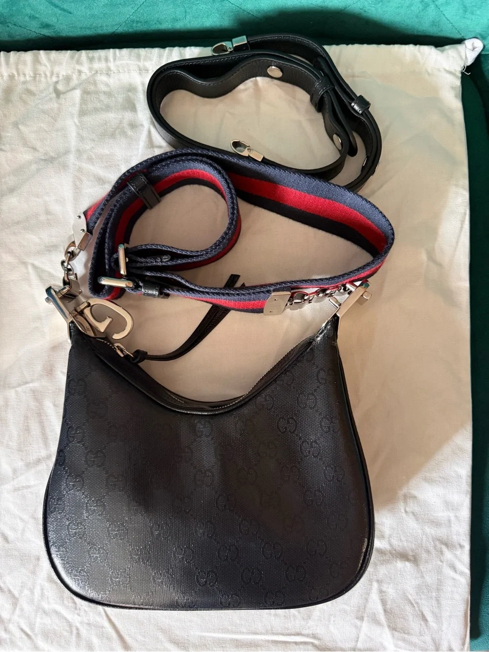 Gucci Black GG Monogram Crescent Shoulder Bag with Red-Blue Web Strap
